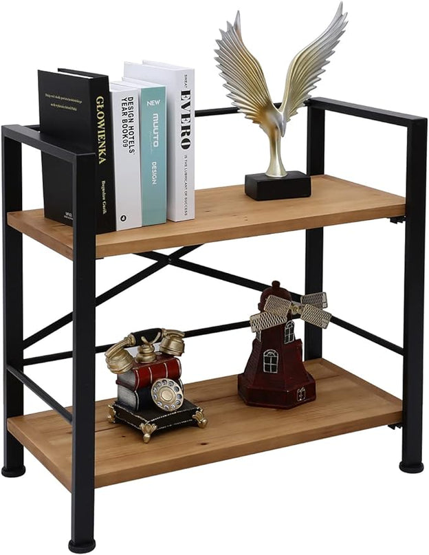 Rustic Bookshelf, 2 Tier Real Wood Bookshelf, Metal Book Shelf for Storage, Black Bookcase, 12.6" D x 23.62" W x 22.83" H - LeafyLoom