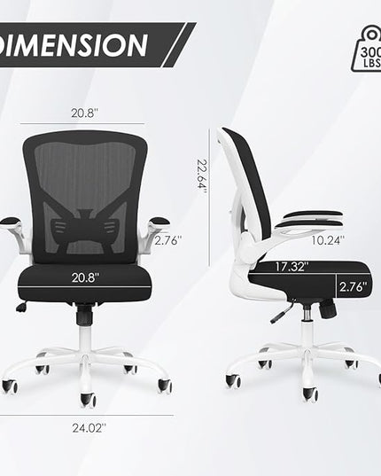 Office Desk Chair, Ergonomic Desk chair with Wheels, High Back Home Office Chair, Mesh Computer chair with Filp-up Armrests for Study room Bedroom, White - LeafyLoom