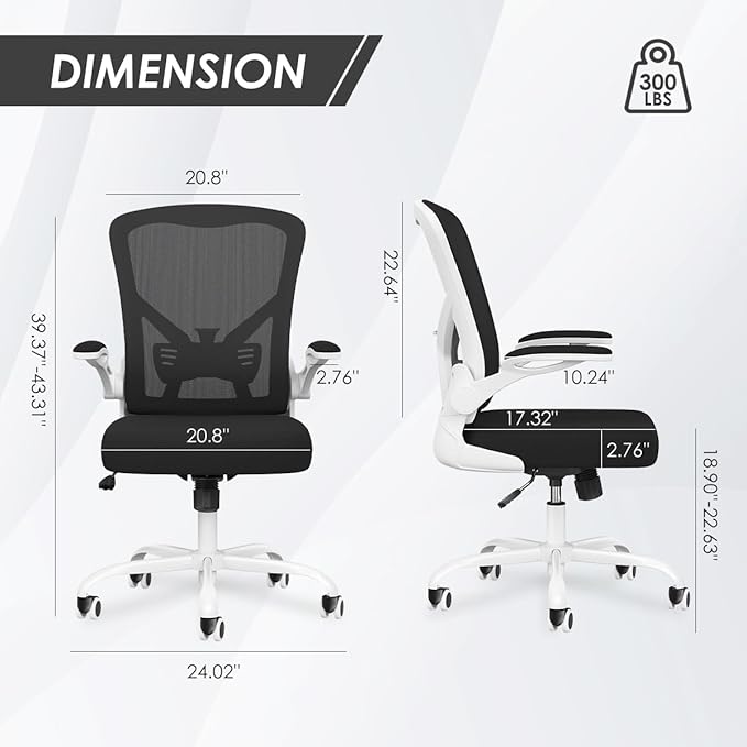 Office Desk Chair, Ergonomic Desk chair with Wheels, High Back Home Office Chair, Mesh Computer chair with Filp-up Armrests for Study room Bedroom, White - LeafyLoom