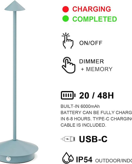 2-Pack 6000mAh Rechargeable LED Table Lamps,Outdoor Cordless Table Lamp Waterproof Portable, 3-Color Stepless Dimmable Modern Lamp for Restaurant/Bedroom(Blue) - LeafyLoom