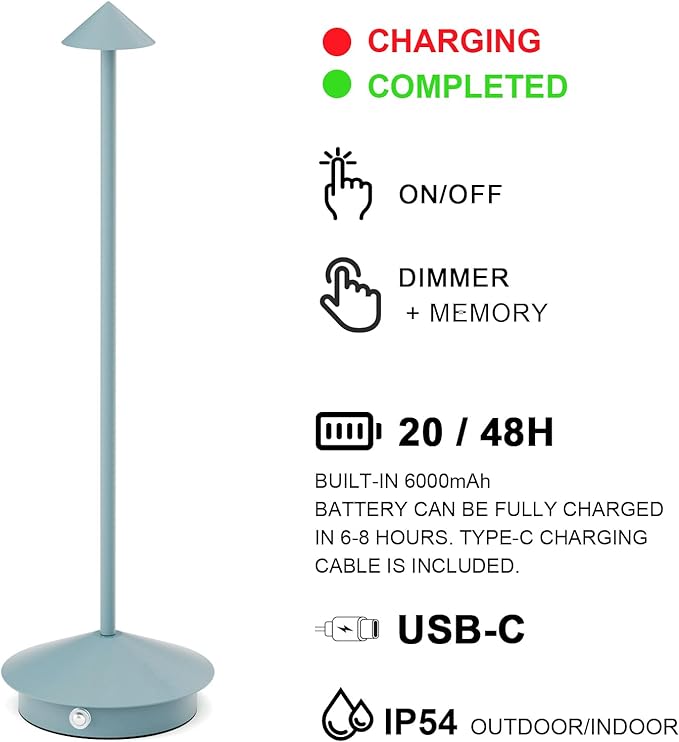 2-Pack 6000mAh Rechargeable LED Table Lamps,Outdoor Cordless Table Lamp Waterproof Portable, 3-Color Stepless Dimmable Modern Lamp for Restaurant/Bedroom(Blue) - LeafyLoom