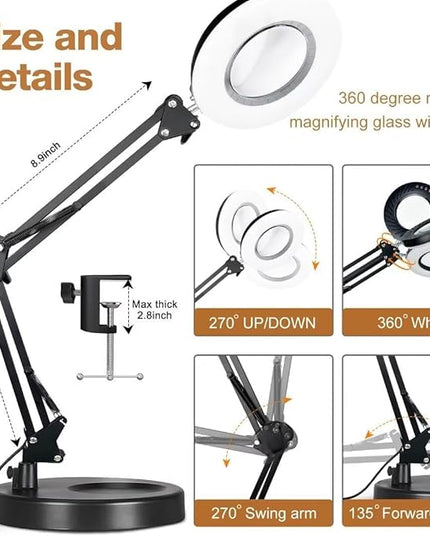 2-in-1 Large Magnifying Glass with Light and Stand-Lighted Magnifying Glass Magnifying Lamp 5 Color Modes Stepless Dimmable-Hands Free Desk Magnifying Glass with Light for Close Work Reading Repair - LeafyLoom