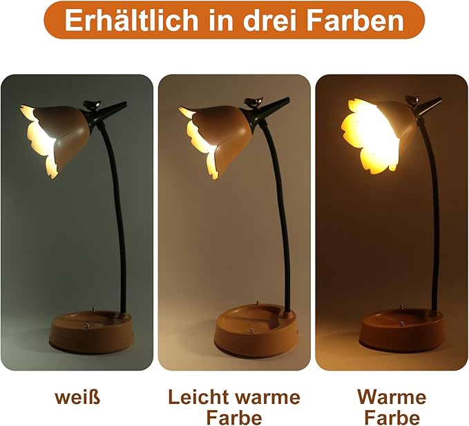 Himmel Flower Desk Lamp, Dimmable LED Kid Desk Lamp with 3 Colour Temperatures, Cordless Rechargeable Desk Lamp with Touch Sensor and Flexible Arm, USB Bedside Lamp for Reading, Learning - LeafyLoom