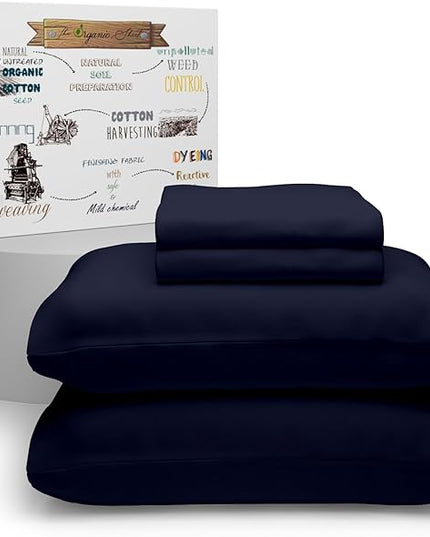 Purity Home Organic 100% Cotton Percale Sheets Queen Navy, 16" Deep Pocket Queen Sheets Set, Sheets for Queen Size Bed, Cooling Sheets, Crisp & Breathable, Queen Sheet Set Navy - LeafyLoom