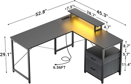 Homieasy L Shaped Computer Desk with Storage File Drawer, Reversible Home Office Desk with Recessed Power Strip and Led Strip, Corner Gaming Desk Work Study Table with Monitor Stand, Black - LeafyLoom