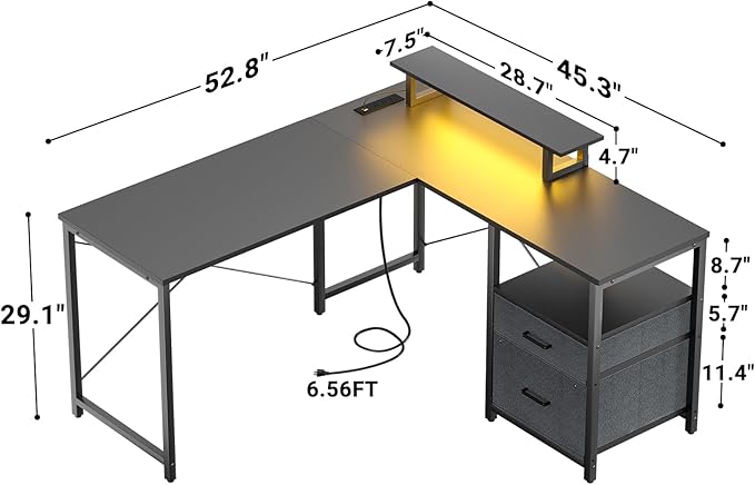 Homieasy L Shaped Computer Desk with Storage File Drawer, Reversible Home Office Desk with Recessed Power Strip and Led Strip, Corner Gaming Desk Work Study Table with Monitor Stand, Black - LeafyLoom