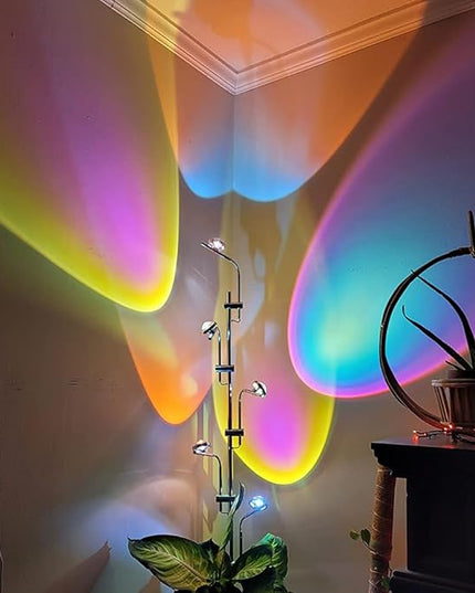 Unique 5 Multi Head Sunset Lamp Projector LED Corner Floor Lamps for Live Ambient Lighting in Living Rooms, Bedrooms, Dining Rooms and Bars - LeafyLoom