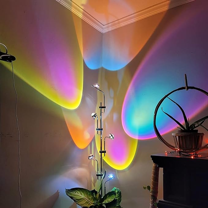 Unique 5 Multi Head Sunset Lamp Projector LED Corner Floor Lamps for Live Ambient Lighting in Living Rooms, Bedrooms, Dining Rooms and Bars - LeafyLoom