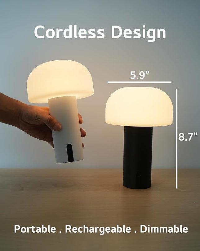 Outdoor Mushroom Table Lamp Rechargeable, Cordless Lamps for Patio Waterproof, Portable Battery Operated Lamp with USB Charging, Touch Dimming Night Light for Home/Porch/Restaurant (White) - LeafyLoom