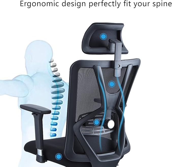 Ticova Ergonomic Office Chair - High Back Desk Chair with Adjustable Lumbar Support & 3D Metal Armrest - 130°Reclining & Rocking Mesh Computer Chair with Thick Seat Cushion & Rotatable Headrest - LeafyLoom
