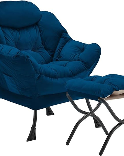 Lazy Chair with Folding Ottoman, Accent Chair Velvet Upholstered with Metal Structure and Non-Slip Pads, Sofa Armchair with Footrest and Side Storage Bag for Dorm, Room, Office, Blue - LeafyLoom
