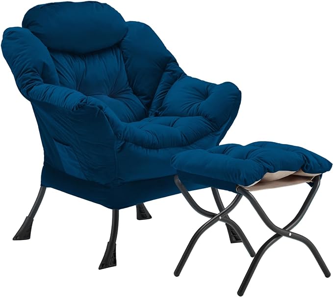 Lazy Chair with Folding Ottoman, Accent Chair Velvet Upholstered with Metal Structure and Non-Slip Pads, Sofa Armchair with Footrest and Side Storage Bag for Dorm, Room, Office, Blue - LeafyLoom