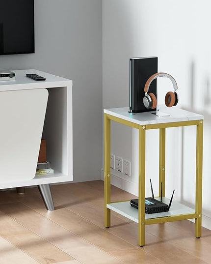 SAYGOER White Faux Marble End Tables Small Side Table with Storage Wood Night Stand Gold Metal Frames 2 Tier Bedside Table with Adjustable Feet, 1PCS, White Gold - LeafyLoom
