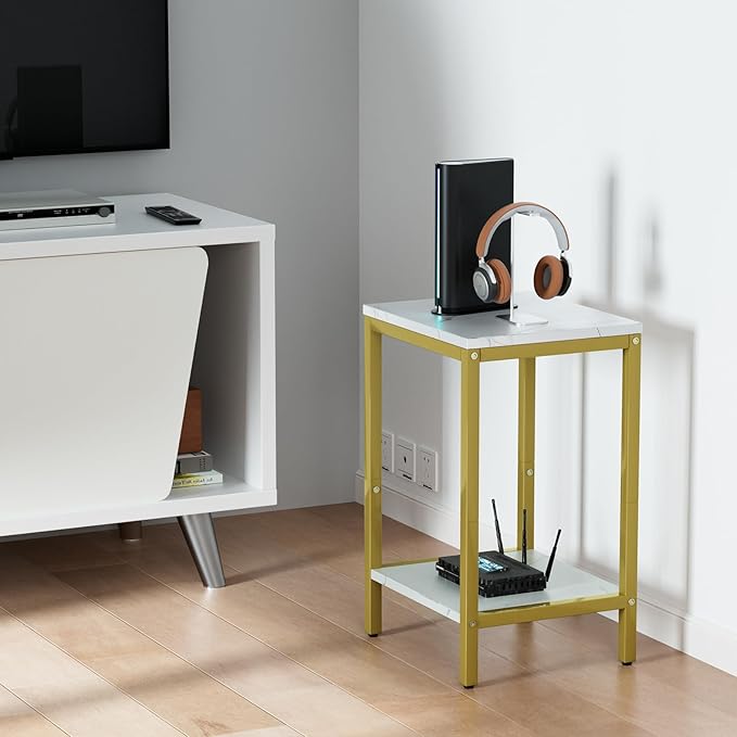 SAYGOER White Faux Marble End Tables Small Side Table with Storage Wood Night Stand Gold Metal Frames 2 Tier Bedside Table with Adjustable Feet, 1PCS, White Gold - LeafyLoom