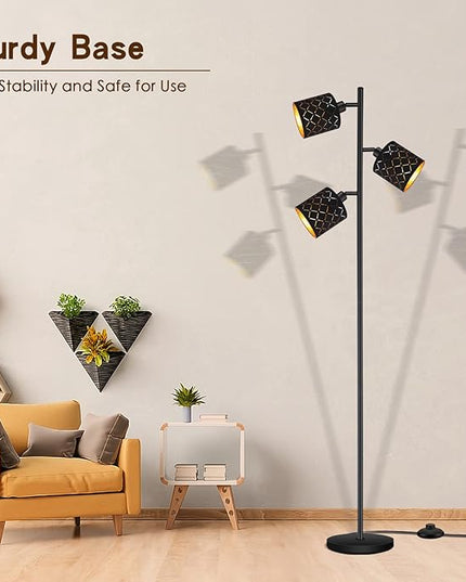 Industrial Floor Lamps for Living Room, Tree Standing Lamp for Bedroom with Adjustable 3-Light, 4W E12 LED Bulb, Modern Stand Up Lamps, Metal Tall Rustic Pole Lamp, Vintage Farmhouse Floor Lamp, Black - LeafyLoom