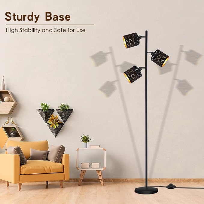 Industrial Floor Lamps for Living Room, Tree Standing Lamp for Bedroom with Adjustable 3-Light, 4W E12 LED Bulb, Modern Stand Up Lamps, Metal Tall Rustic Pole Lamp, Vintage Farmhouse Floor Lamp, Black - LeafyLoom