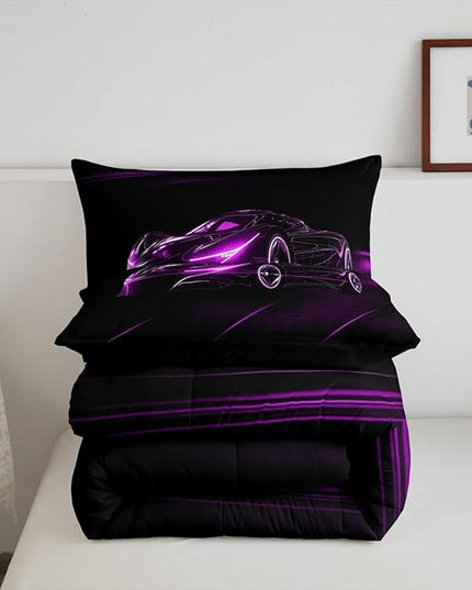 Feelyou Purple Race Car Bedding Set Twin Size for Kids Boys Extreme Sport Games Comforter Set Teens Toddler Fast and Furious Duvet Set Cool Modern Quilt Set 2Pcs - LeafyLoom