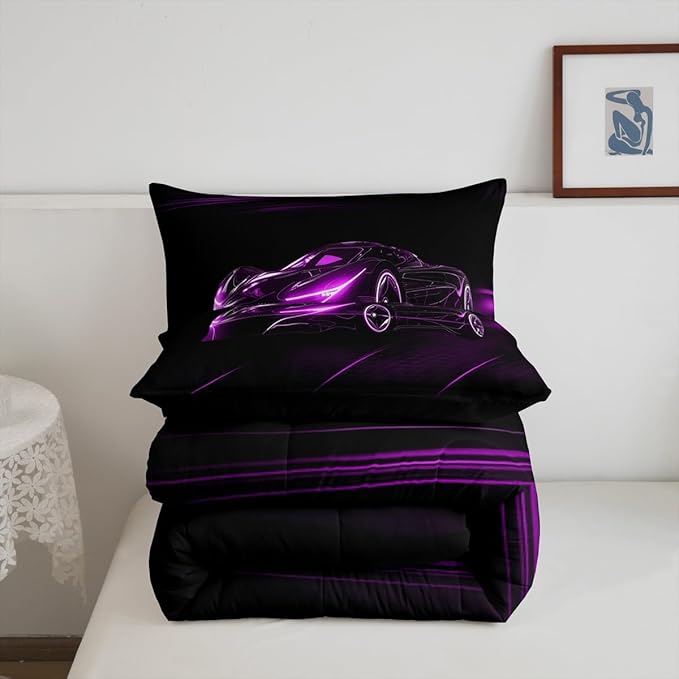 Feelyou Purple Race Car Bedding Set Twin Size for Kids Boys Extreme Sport Games Comforter Set Teens Toddler Fast and Furious Duvet Set Cool Modern Quilt Set 2Pcs - LeafyLoom