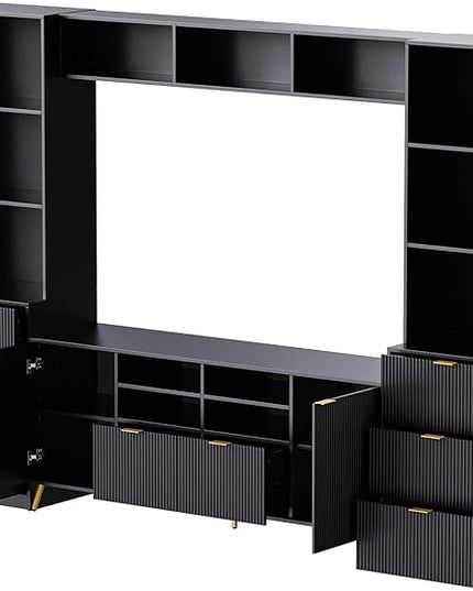 Merax 4-Piece Entertainment Wall Unit with 13 shelves, 8 Drawers, and 2 Cabinets, Multifunctional TV Stand Media Storage Cabinet with Fluted Line Surface for Living Room, Black - LeafyLoom