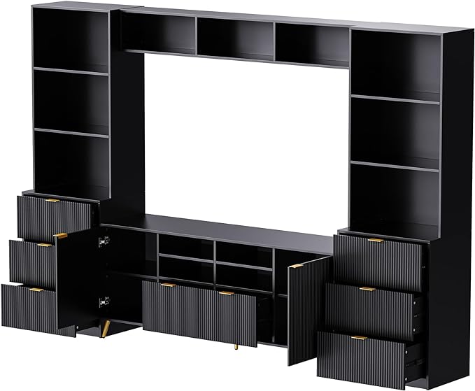Merax 4-Piece Entertainment Wall Unit with 13 shelves, 8 Drawers, and 2 Cabinets, Multifunctional TV Stand Media Storage Cabinet with Fluted Line Surface for Living Room, Black - LeafyLoom