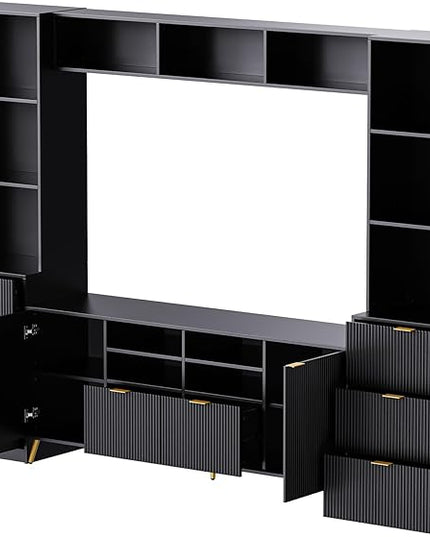Entertainment Wall Unit with Bridge, Stand Media Console Table for TVs Up to 70" with 13 Shelves,8 Drawers and 2 Cabinets for Living Room, 112.5 Inch, Black - LeafyLoom