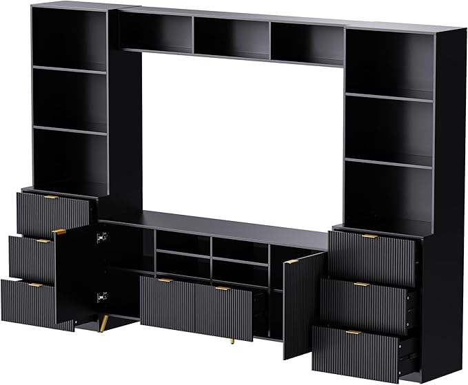Entertainment Wall Unit with Bridge, Stand Media Console Table for TVs Up to 70" with 13 Shelves,8 Drawers and 2 Cabinets for Living Room, 112.5 Inch, Black - LeafyLoom