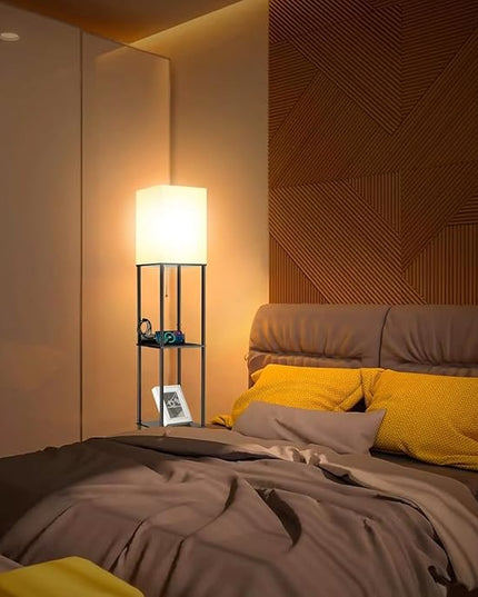 NUNET Smart LED Floor Lamp with Shelves 3 Color Temperature Light & Dimmable App Controlled Wi-Fi Bulb w. 3 Level Shelves & Cellphone/Photo Frame Stand for Bedroom Living Room Corner etc. (Black) - LeafyLoom