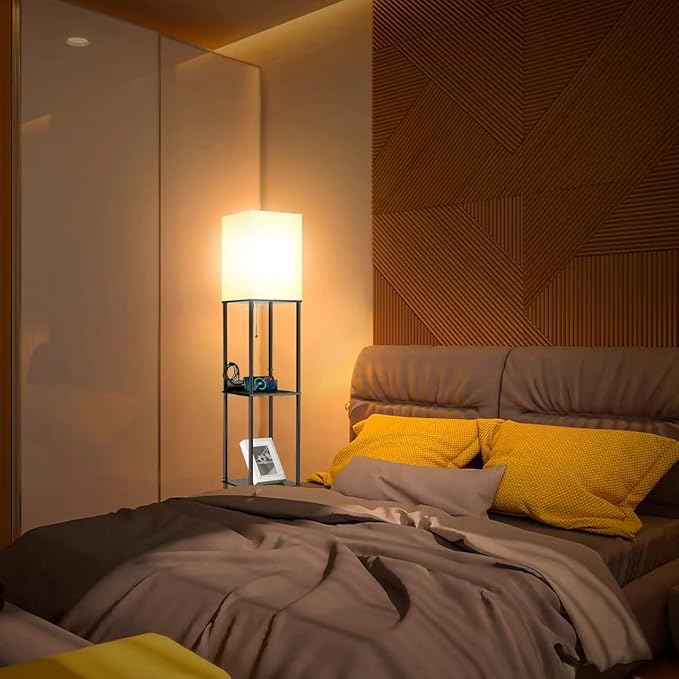 NUNET Smart LED Floor Lamp with Shelves 3 Color Temperature Light & Dimmable App Controlled Wi-Fi Bulb w. 3 Level Shelves & Cellphone/Photo Frame Stand for Bedroom Living Room Corner etc. (Black) - LeafyLoom