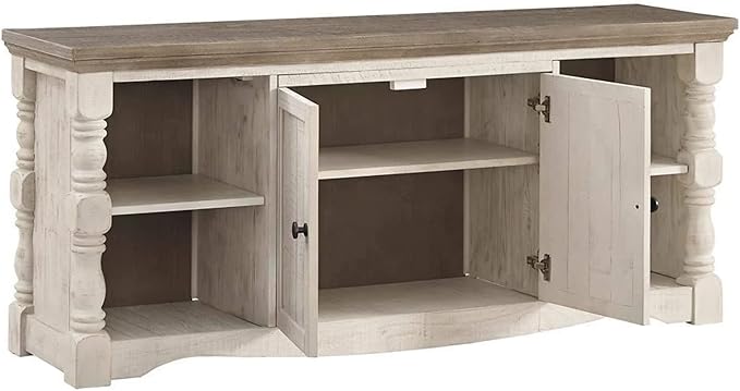 Signature Design by Ashley Havalance Farmhouse TV Stand Fits TVs up to 65", 2 Door Cabinet and Shelves For Storage, Vintage White & Weathered Gray - LeafyLoom