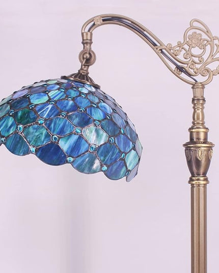 Tiffany Floor Lamp Stained Glass Lamp 18X12X67 Inch Angle Adjustable Arched Gooseneck Antique Reading Light (Sea Blue Pearl) - LeafyLoom
