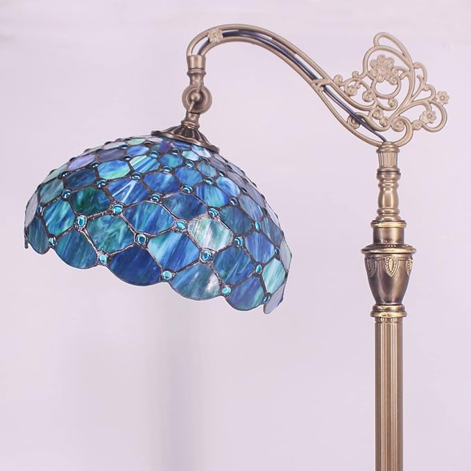 Tiffany Floor Lamp Stained Glass Lamp 18X12X67 Inch Angle Adjustable Arched Gooseneck Antique Reading Light (Sea Blue Pearl) - LeafyLoom