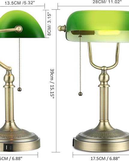 Newrays Green Glass Bankers Desk Lamp with Pull Chain Switch Plug in Fixture,USB Fast Charging Port - LeafyLoom