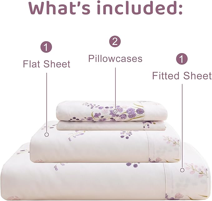 QSH Purple Floral Bed Sheets King Size 100% Egyptian Cotton Lavender Flower Bedding Sheets King Size Bedsheets Sets 17.5" Extra Deep Pocket 4pcs - LeafyLoom