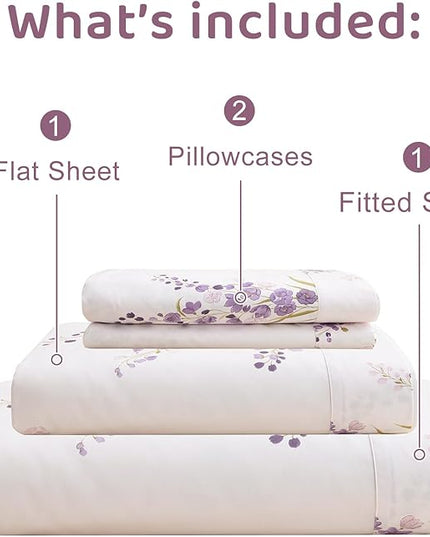 QSH Lavender Floral Bed Sheets Queen Size - 100% Egyptian Cotton Sheets Purple Flower Printed Bedding Sheets Queen Size Bed 4pcs Deep Pockets Bed Sheets - LeafyLoom