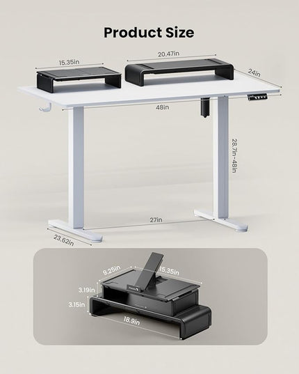 ProtoArc Standing Desk with Dual Monitor Stand Riser, 48 x 24 Inches Height Adjustable Desk with Storage, Electric Stand up Desk with Laptop Stand (Black/White) - LeafyLoom