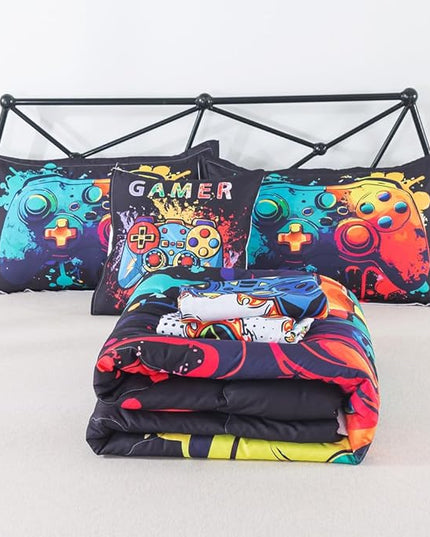 ADASMILE A & S Gamer Comforter Sets for Boys Teens 6 Pieces Gaming Bedding Set Twin Size Colorful Video Game Gaming Comforter for Kids Gamer Bed in A Bag Comforter with Gamer Sheets Home Decor - LeafyLoom