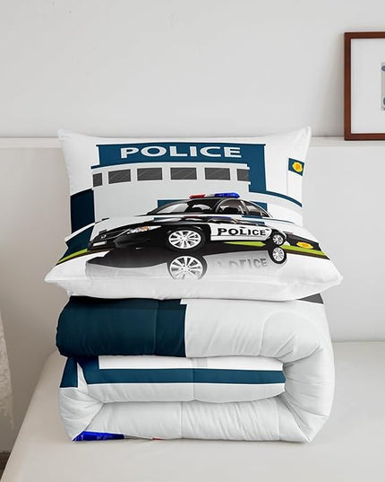 Children Police Car Comforter Set, 3D Car Pattern Down Comforter Full Size for Kids Boys Girls Teens Bedroom, Cartoon Automobile Quilted Duvet, Decorative 3 Piece Bedding Set with 2 Pillow Cases - LeafyLoom