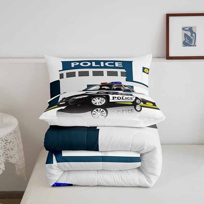 Children Police Car Down Comforter, 3D Car Pattern Comforter Set Queen Size for Kids Boys Girls Teens Bedroom, Cartoon Automobile Quilted Duvet, Decorative 3 Piece Bedding Set with 2 Pillow Cases - LeafyLoom