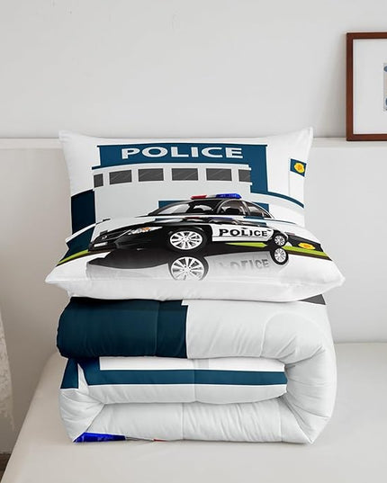 Children Police Car Comforter Set, 3D Car Pattern Down Comforter Twin Size for Kids Boys Girls Teens Bedroom, Cartoon Automobile Quilted Duvet, Decorative 2 Piece Bedding Set with Pillow Case - LeafyLoom