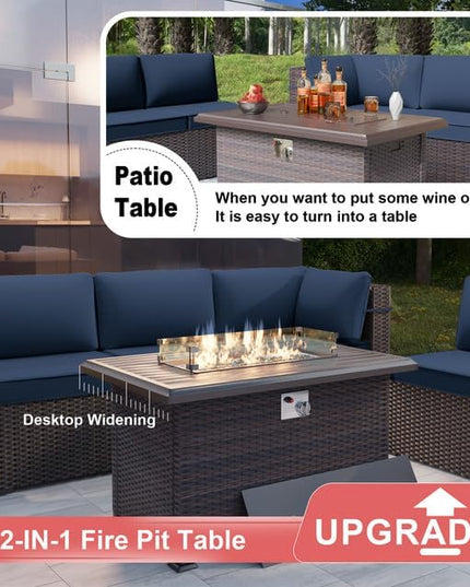 Patio Furniture Set with Fire Pit Table 8-Piece Outdoor Sectional Furniture Outdoor Rattan Patio Conversation Sets with 43in 55,000 BTU Propane Gas Fire Pit Table Glass Table, Navy Blue - LeafyLoom
