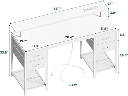 55 inch Computer Desk with 4 Drawers, Gaming Desk with LED Lights & Power Outlets, Home Office Desk with Large Storage Space for Bedroom, Work from Home, White - LeafyLoom