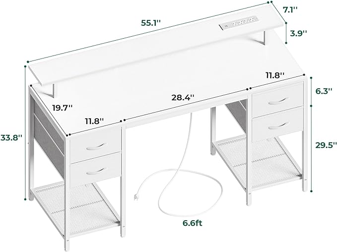 55 inch Computer Desk with 4 Drawers, Gaming Desk with LED Lights & Power Outlets, Home Office Desk with Large Storage Space for Bedroom, Work from Home, White - LeafyLoom