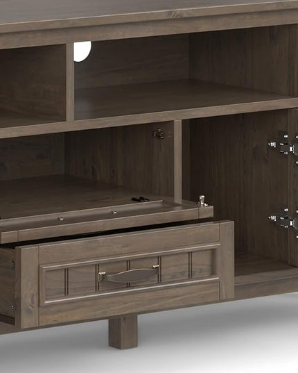 SIMPLIHOME Lev SOLID WOOD 72 Inch Wide Contemporary TV Media Stand in Smoky Brown for TVs up to 80 Inches, For the Living Room and Entertainment Center - LeafyLoom
