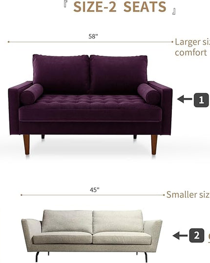 Velvet Furniture for Small Spaces, Mid-Century Modern Loveseats for Living Room, Love Seat Couch Sofas, 58 Inches, Eggplant - LeafyLoom