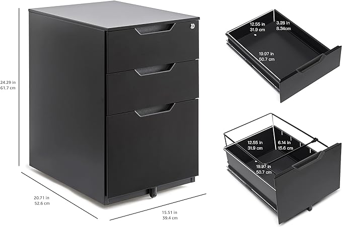 Amazon Basics 3 Drawer Mobile File Cabinet With Lock, Black, 20.71" D x 15.51" W x 24.29" H - LeafyLoom
