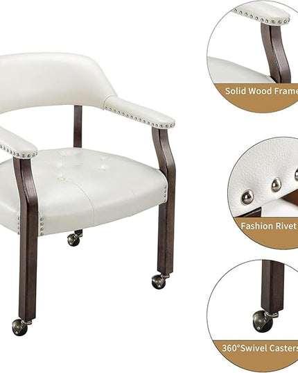 Large Dining Chairs with Casters and Arms, Rolling Dining Chairs with Wheels, Accent Solid Wood Boss Caption's Chairs, 26" D x 25.2" W x 31.5" H, Espresso Legs & Ivory PU SY-318-WT - LeafyLoom