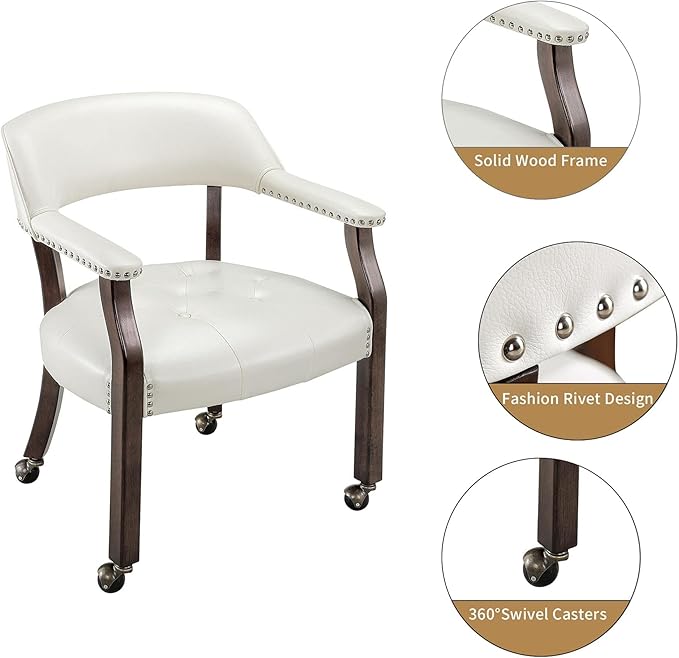 Large Dining Chairs with Casters and Arms, Rolling Dining Chairs with Wheels, Accent Solid Wood Boss Caption's Chairs, 26" D x 25.2" W x 31.5" H, Espresso Legs & Ivory PU SY-318-WT - LeafyLoom