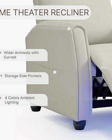 Recliner Chair for Adults PU Leather Push Back Armchair with 4 Colors Ambient Lighting Home Theater Seating with Massage & Heat Vibration Single Sofa for Living Room, Cream - LeafyLoom