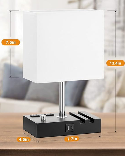 Fully Dimmable Bedside Lamps for Bedroom with USB C Ports, Kakanuo White USB Table Lamp Set of 2, Wooden Desk Lamp with 2 Charging Outlets and Phone Stand for Nightstand and Living Room, Bulb Included - LeafyLoom