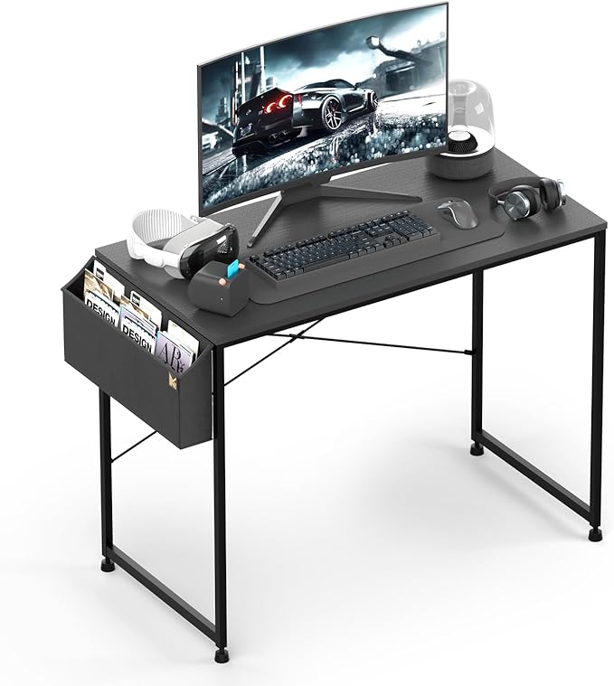 MoNiBloom Writing Computer Desk 40", Simple Home Office Gaming Desk with Storage Bag, Space Saving Table - Black - LeafyLoom